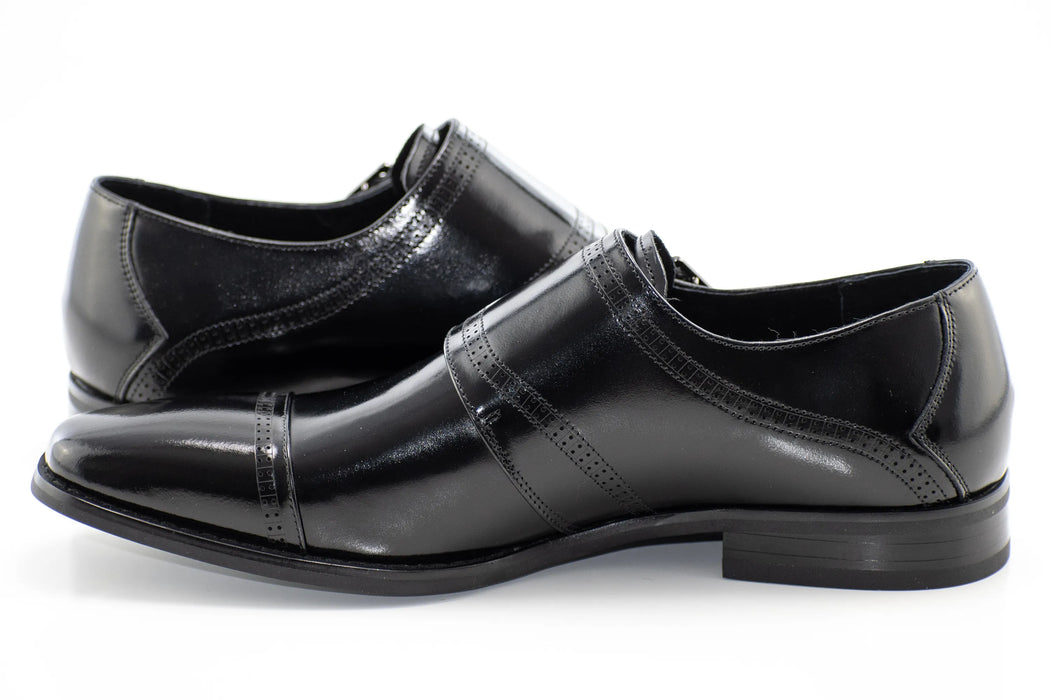 Black Leather Double Monk Strap Cap-Toe