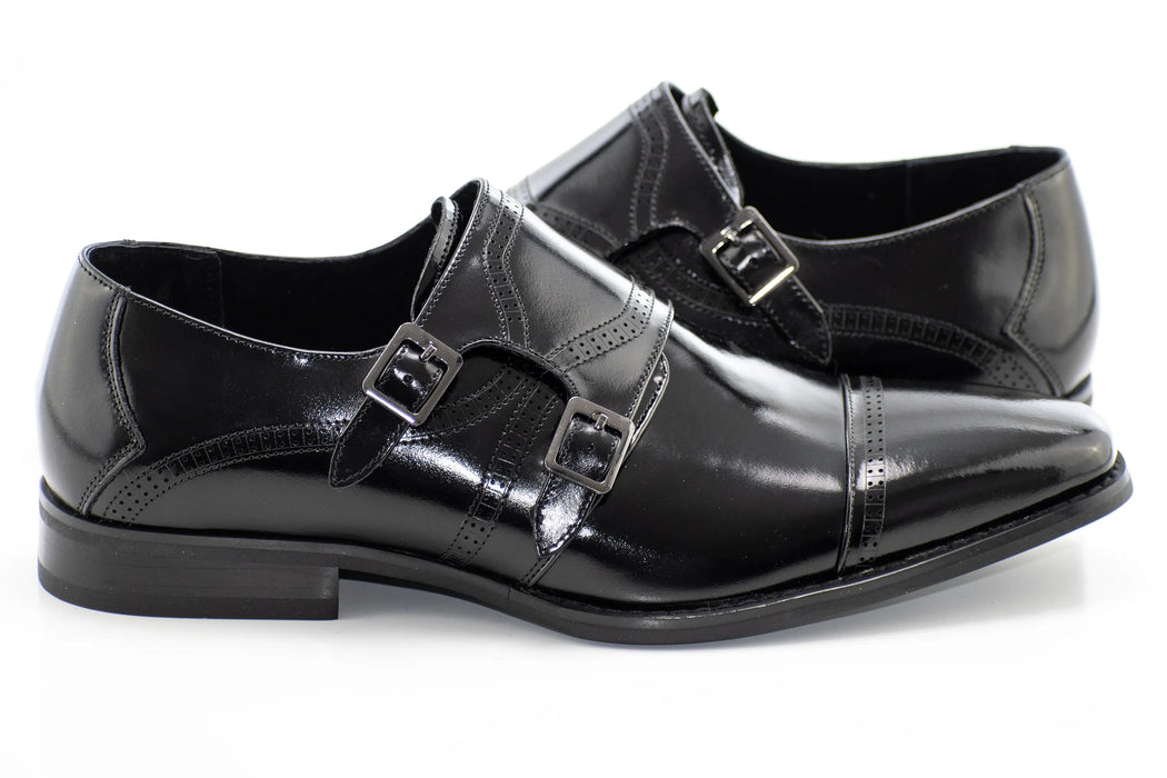 Black Leather Double Monk Strap Cap-Toe