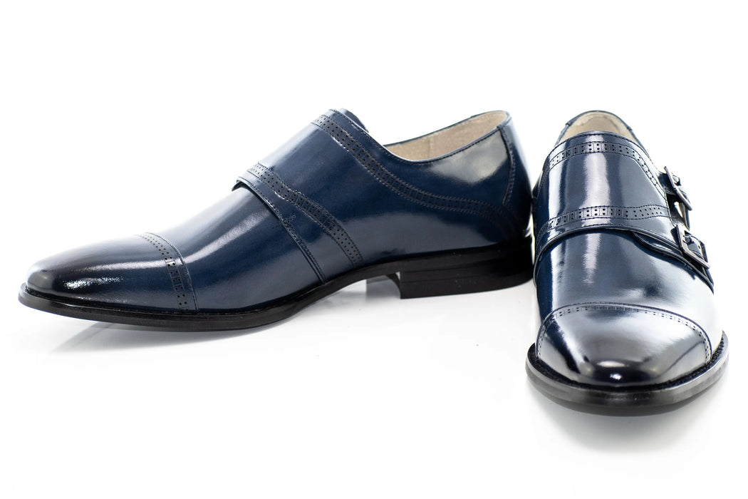 Blue Leather Double Monk Strap Cap-Toe