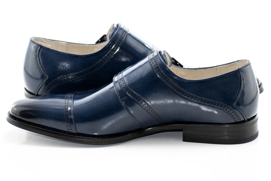 Blue Leather Double Monk Strap Cap-Toe