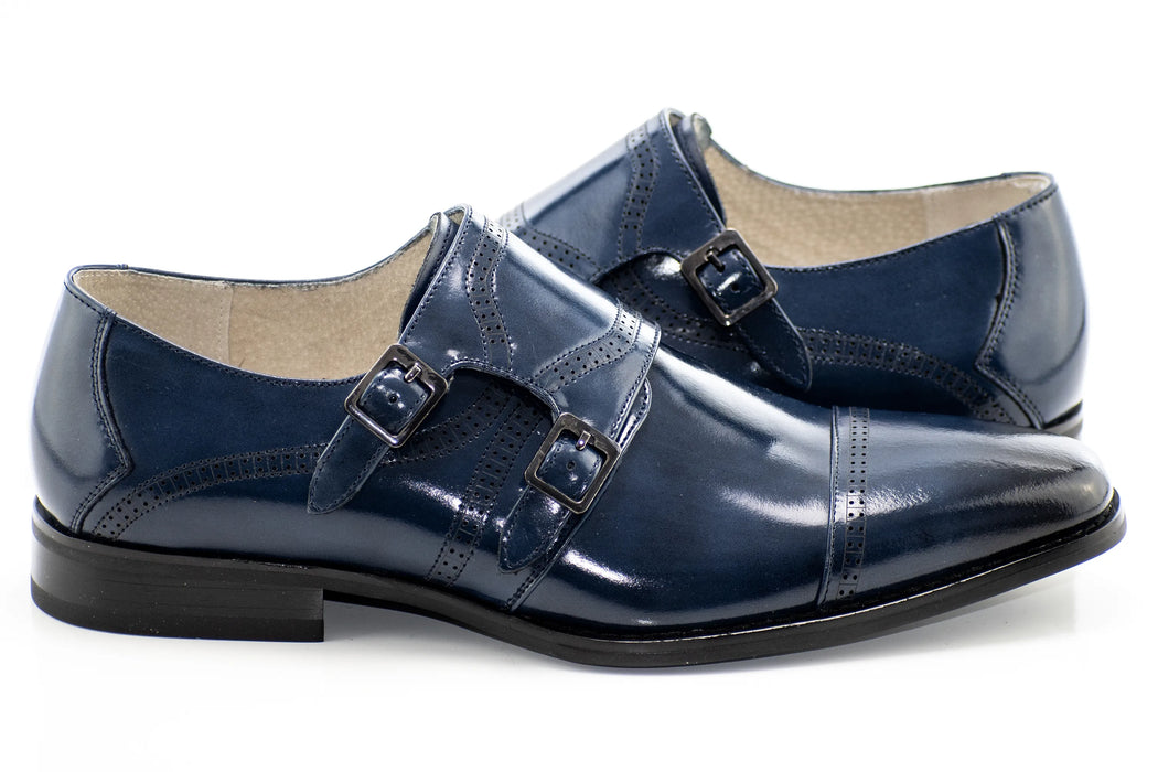 Blue Leather Double Monk Strap Cap-Toe