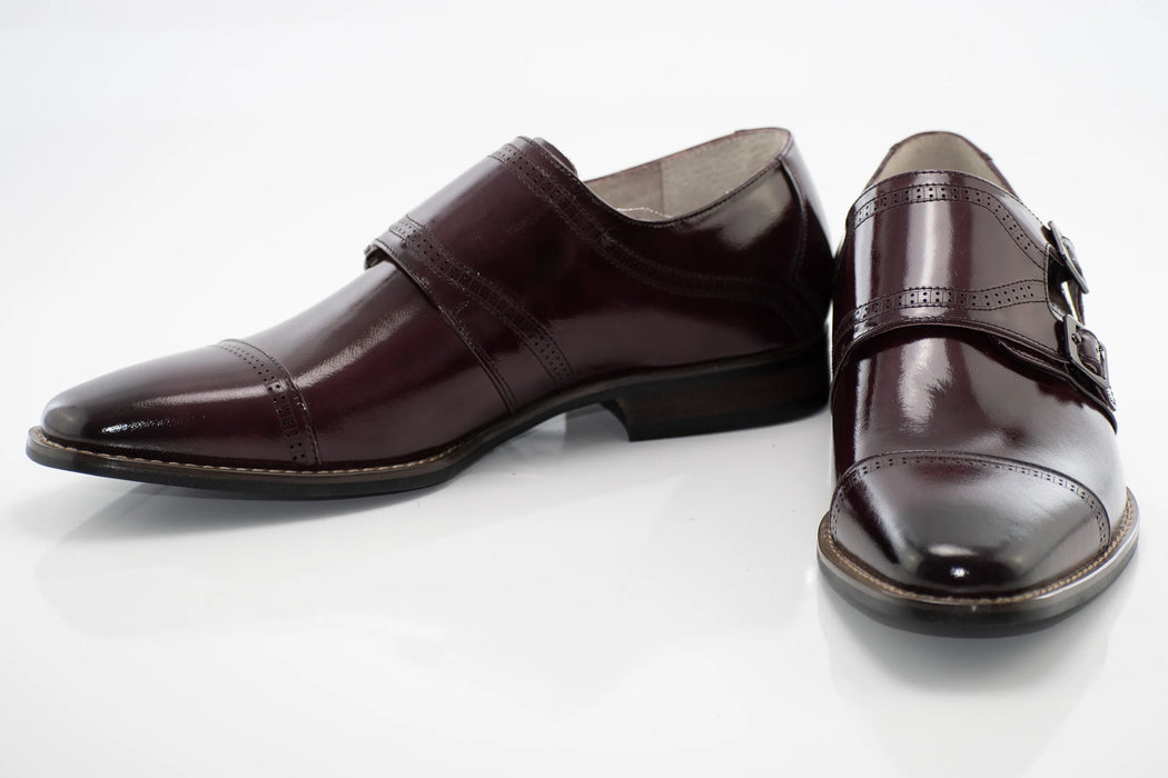 Burgundy Leather Double Monk Strap Cap-Toe