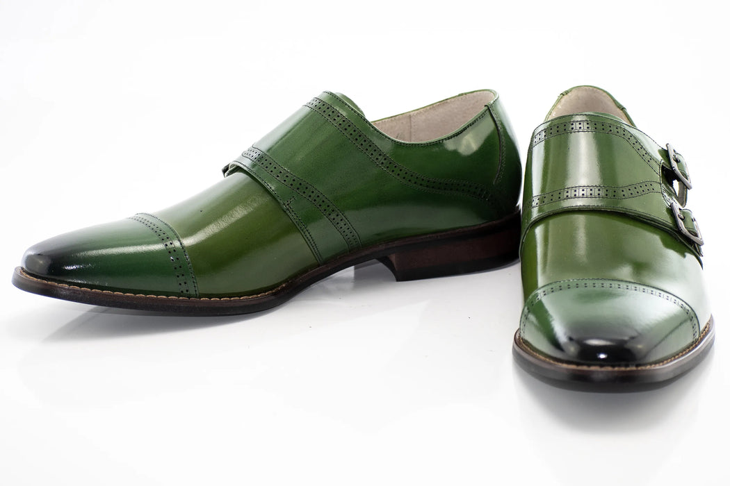 Green Leather Double Monk Strap Cap-Toe