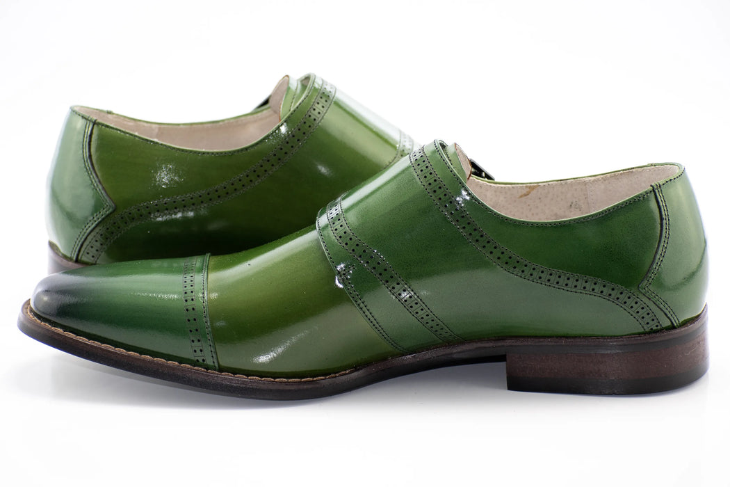 Green Leather Double Monk Strap Cap-Toe