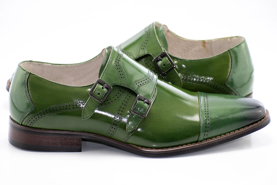 Green Leather Double Monk Strap Cap-Toe