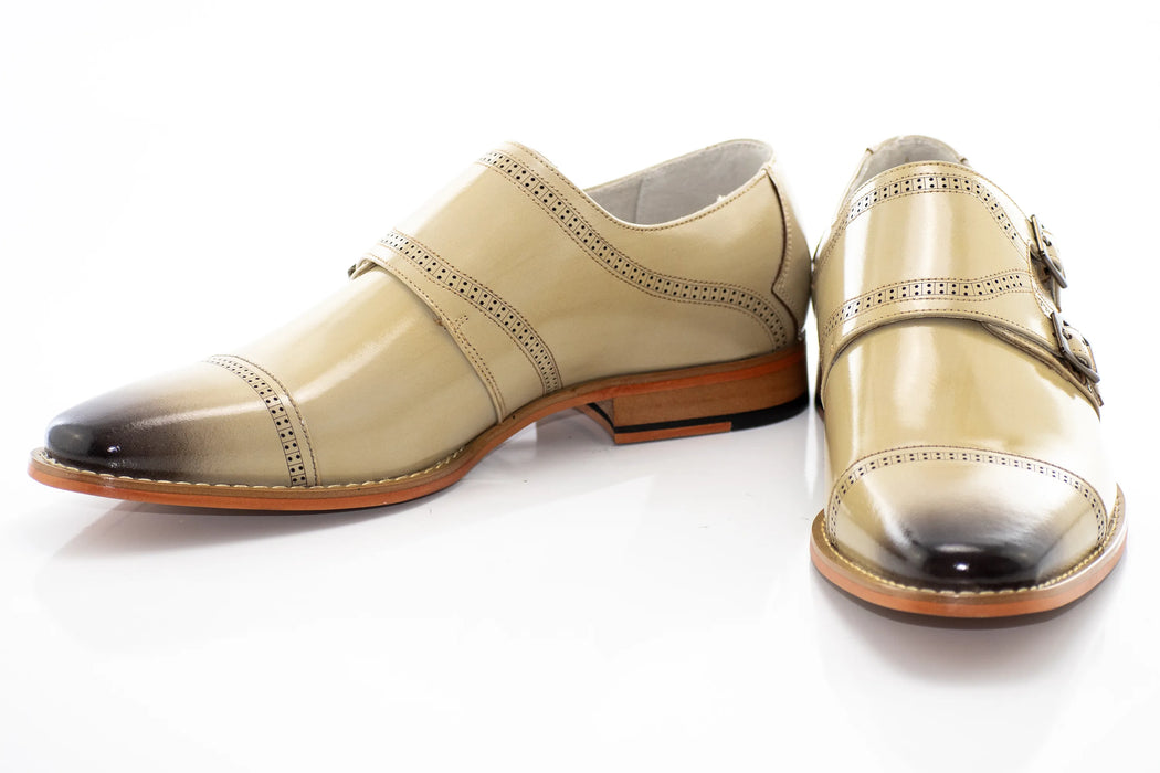 Natural Leather Double Monk Strap Cap-Toe