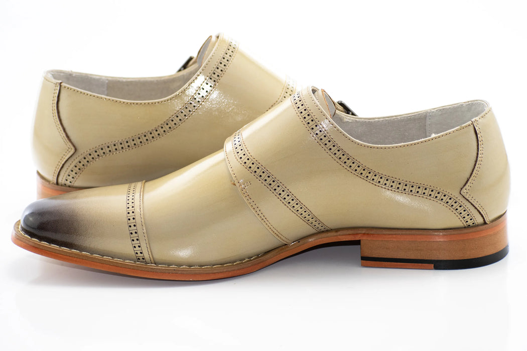 Natural Leather Double Monk Strap Cap-Toe