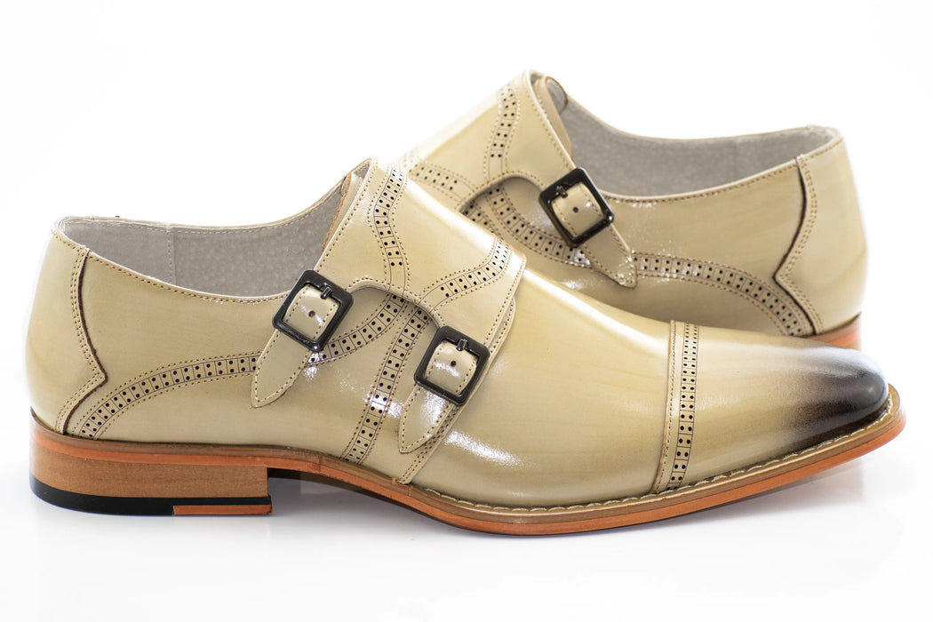 Natural Leather Double Monk Strap Cap-Toe