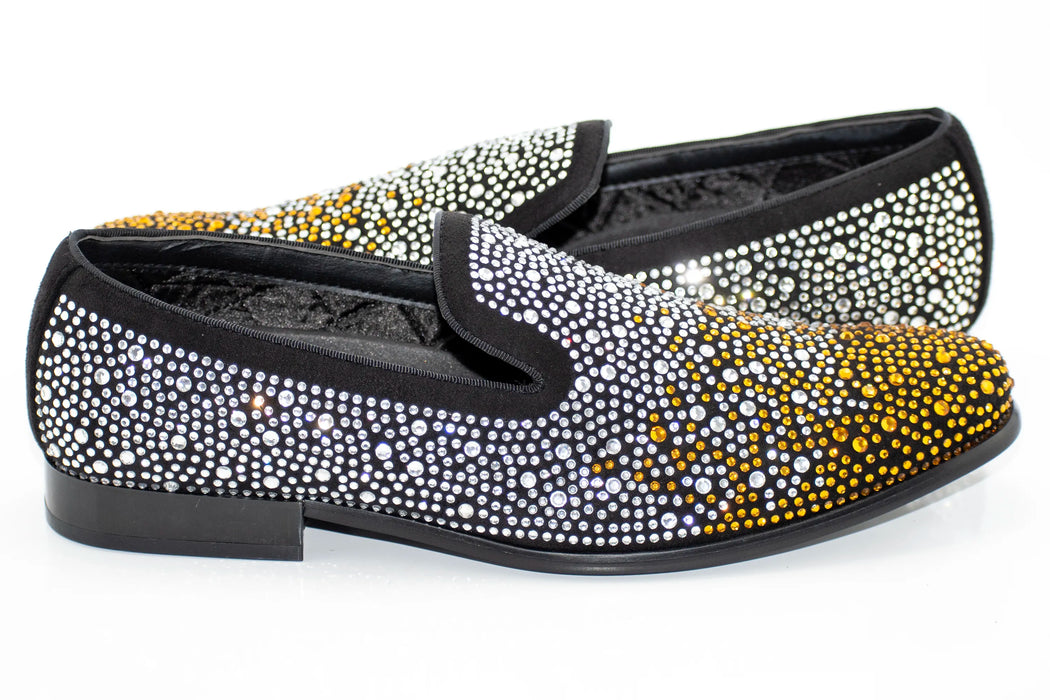 Gold and Silver Rhinestone Suede Smoking Loafers