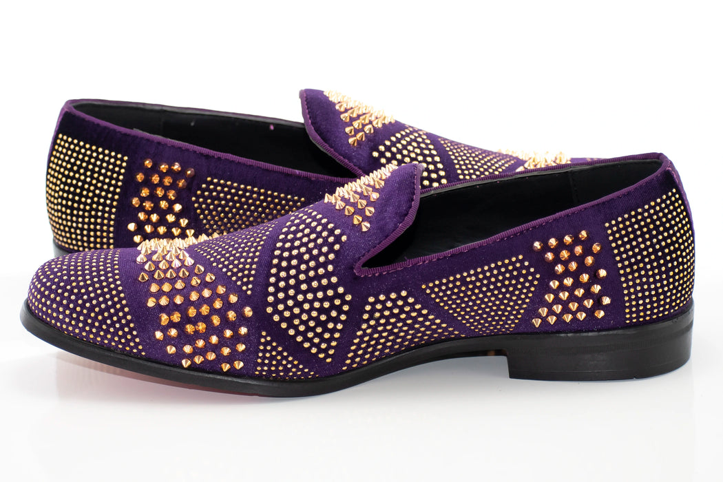 Men's Purple And Gold Studded Spiked Dress Loafer