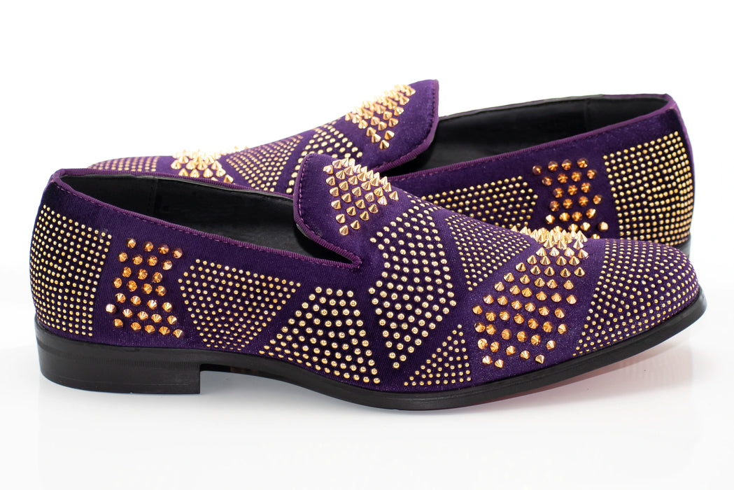 Men's Purple And Gold Studded Spiked Dress Loafer