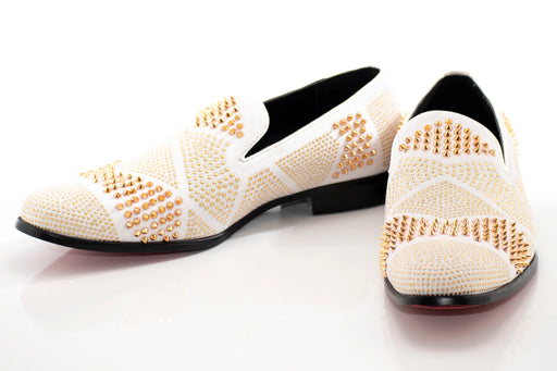 Men's White And Gold Studded Spiked Dress Loafer