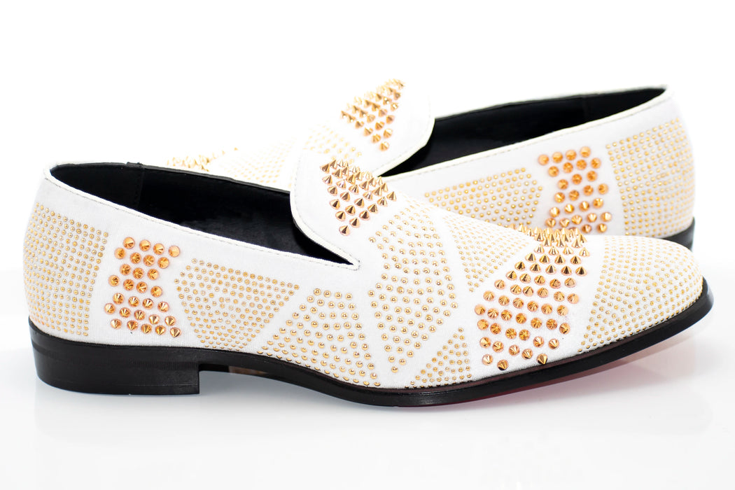 Men's White And Gold Studded Spiked Dress Loafer