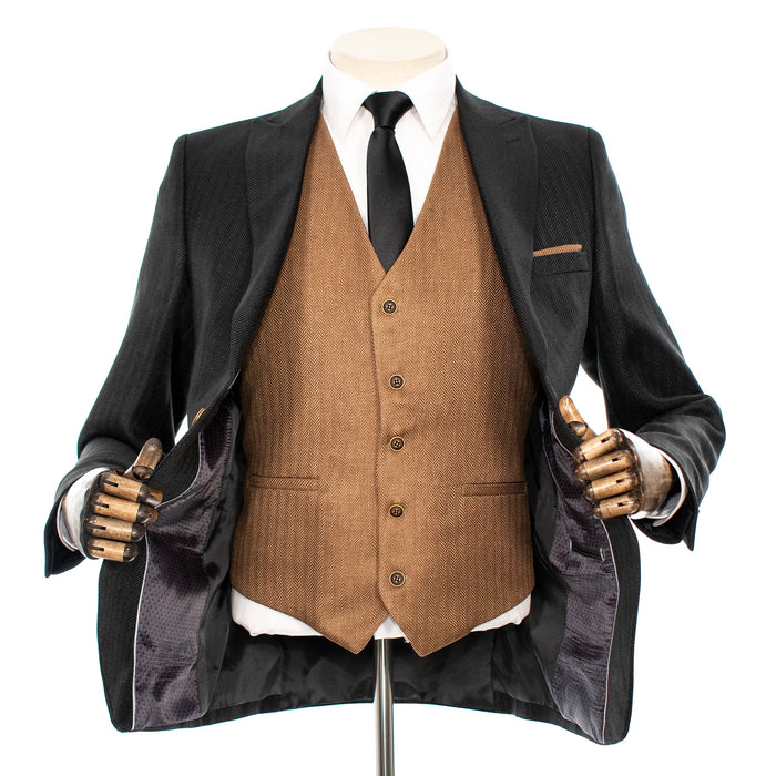 Pierce | Black and Tan Herringbone 3-Piece Slim-Fit Suit