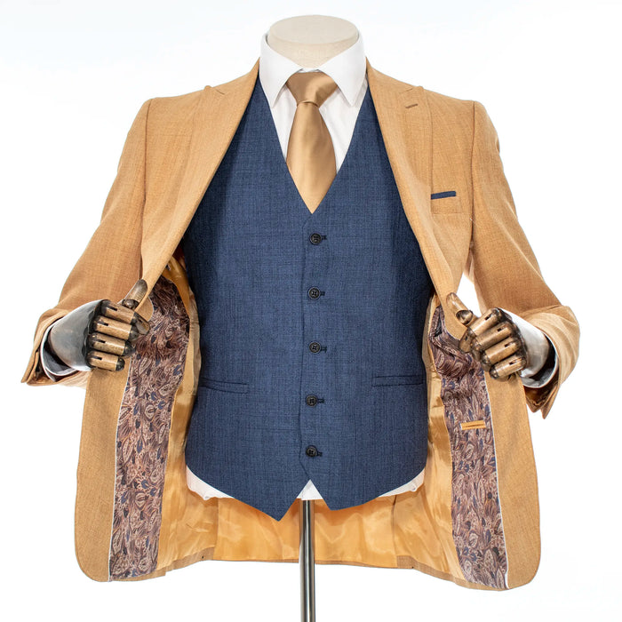 Pierce | Camel Tweed and Blue Vest 3-Piece Slim-Fit Suit
