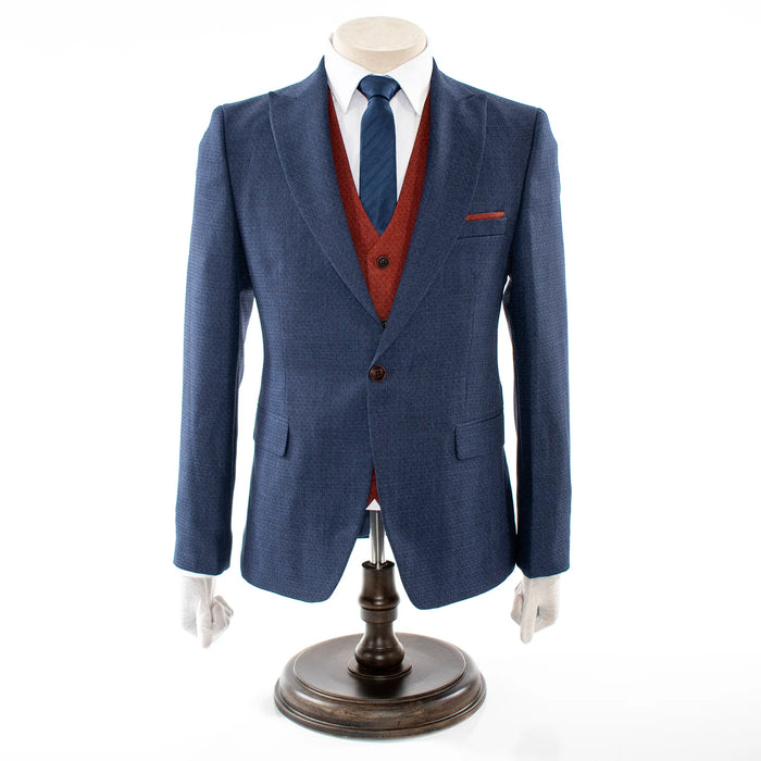 Men's Sapphire Blue And Rust 3-Piece Suit With Peak Lapels