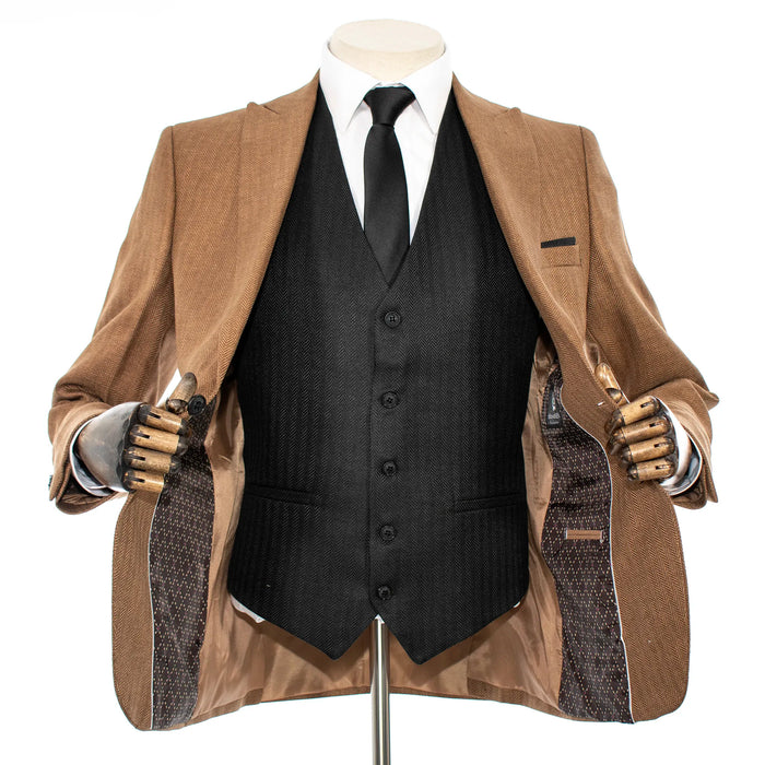 Pierce | Tan and Black Herringbone 3-Piece Slim-Fit Suit