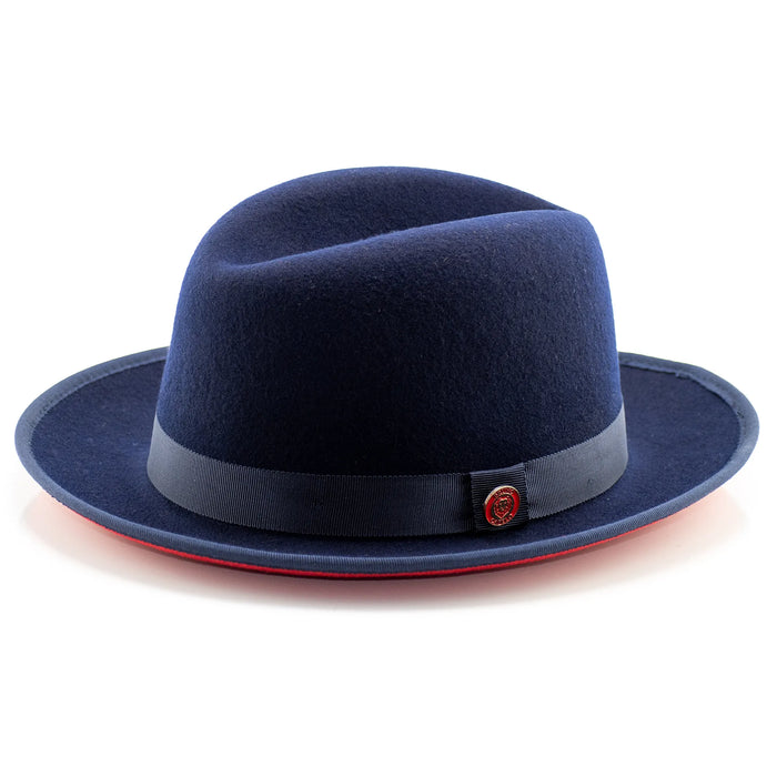 Navy Blue Wool Pinch Front Fedora With Red Bottom