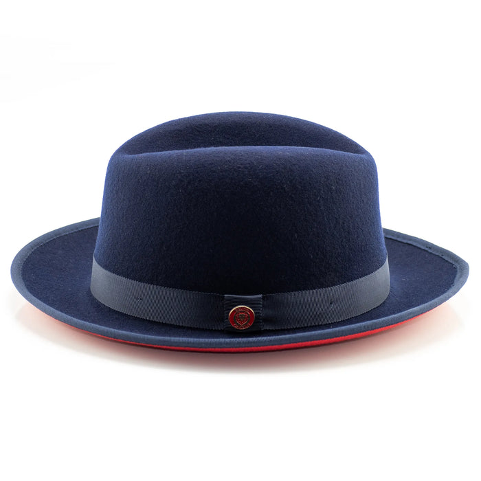 Navy Blue Wool Pinch Front Fedora With Red Bottom