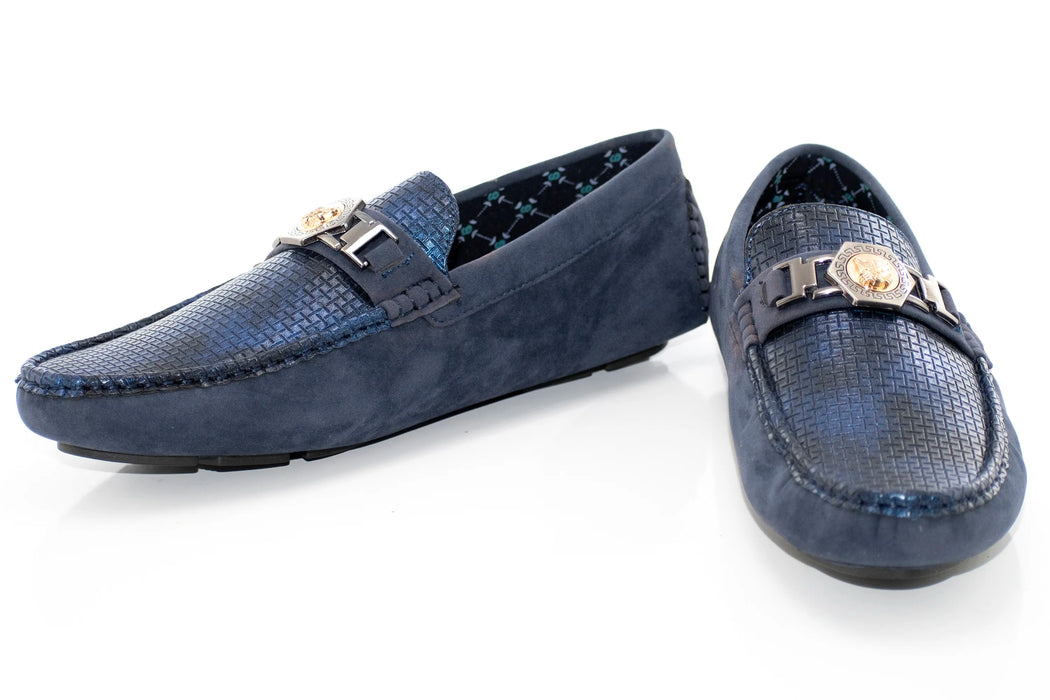 Navy Textured Leather Driver Loafer with Gold Lion Head