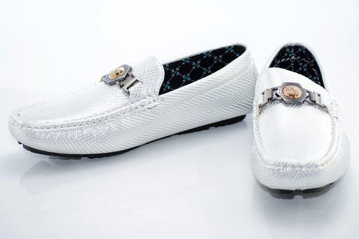White Textured Leather Driver Loafer with Gold Lion Head