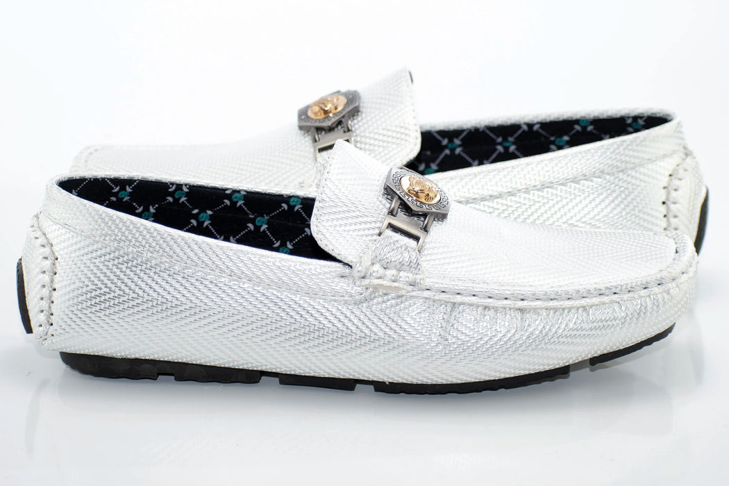 White Textured Leather Driver Loafer with Gold Lion Head