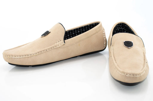 Beige Textured Leather Driver Loafer with Shield Emblem