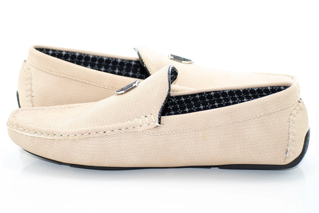 Beige Textured Leather Driver Loafer with Shield Emblem