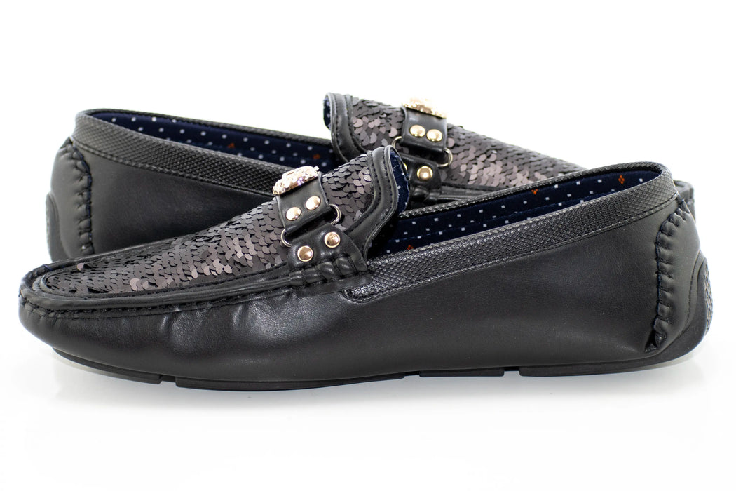 Black Sequined Driver Loafer with Gold Bit