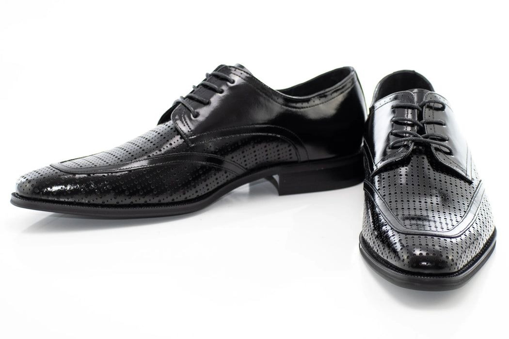 Black Perforated Derby Leather Lace-Up Dress Shoes