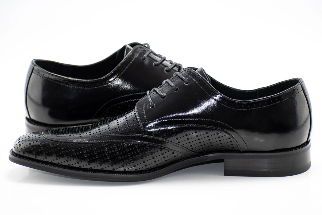 Black Perforated Derby Leather Lace-Up Dress Shoes