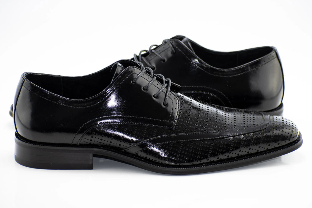 Black Perforated Derby Leather Lace-Up Dress Shoes