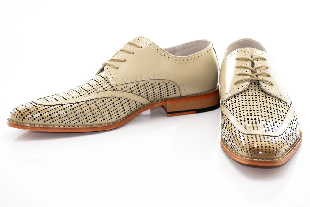 Natural Perforated Derby Leather Lace-Up Dress Shoes