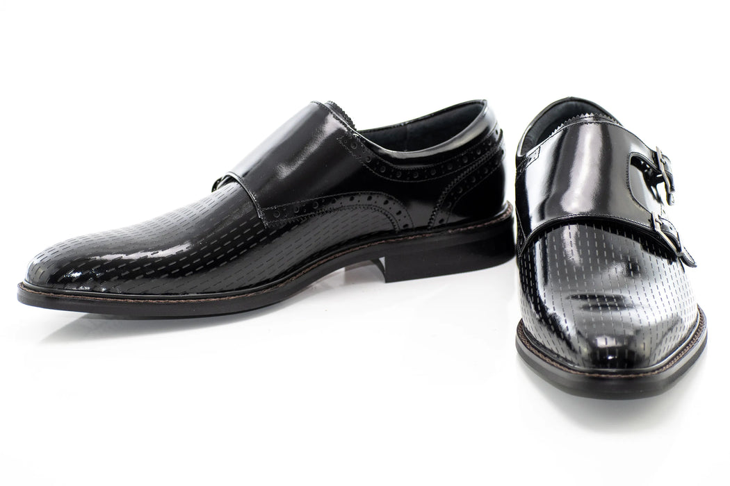 Black Textured Leather Double Monk Strap