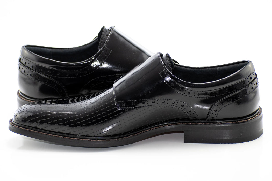 Black Textured Leather Double Monk Strap