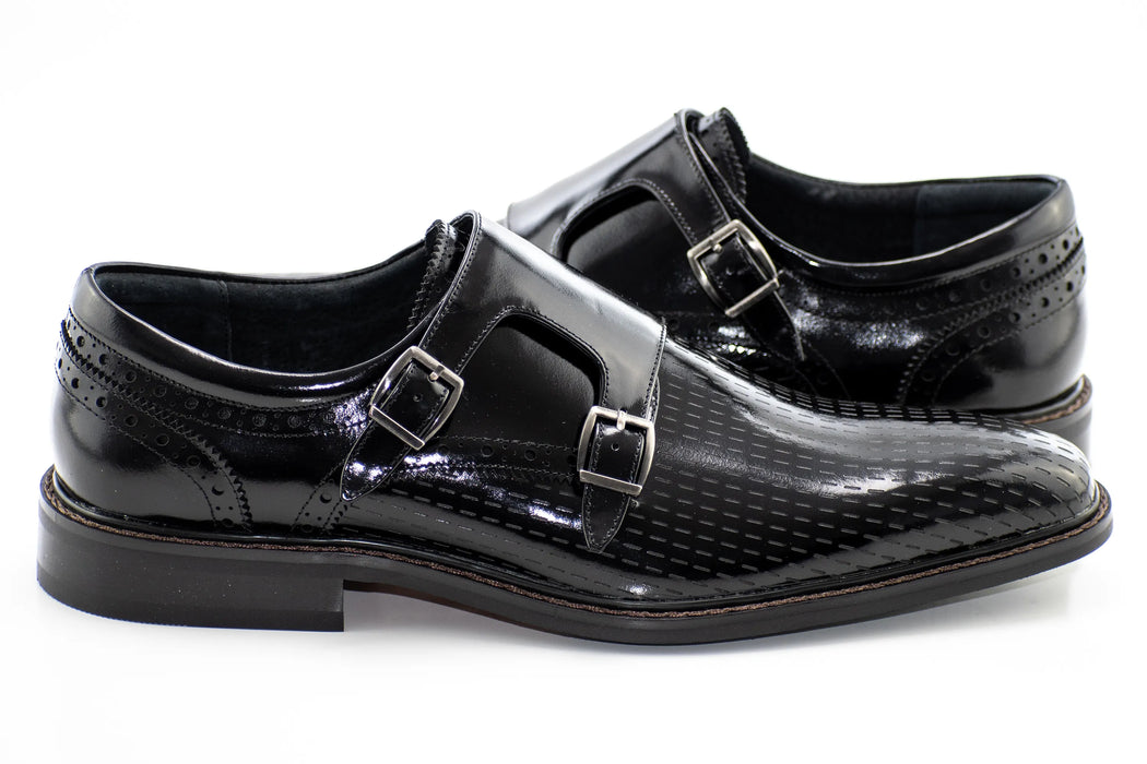 Black Textured Leather Double Monk Strap