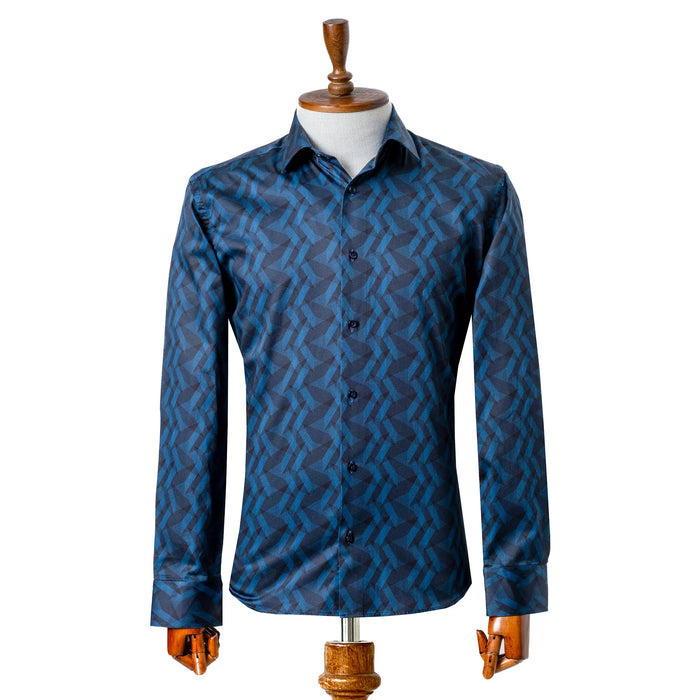 Blue Geometric Satin Slim-Fit Fashion Shirt