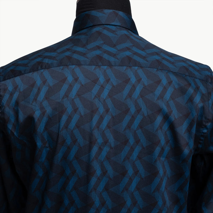 Blue Geometric Satin Slim-Fit Fashion Shirt