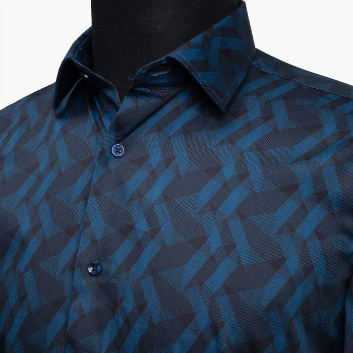 Blue Geometric Satin Slim-Fit Fashion Shirt