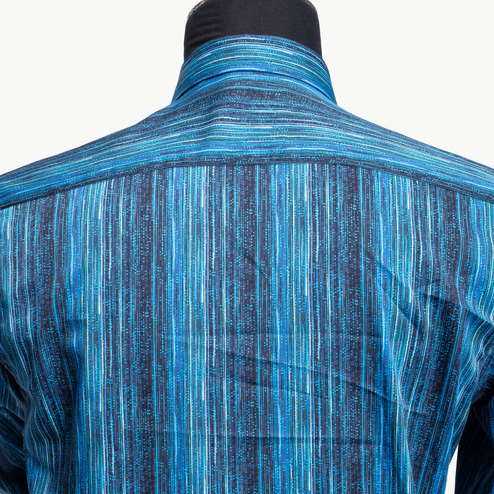 Blue Geometric Satin Slim-Fit Fashion Shirt