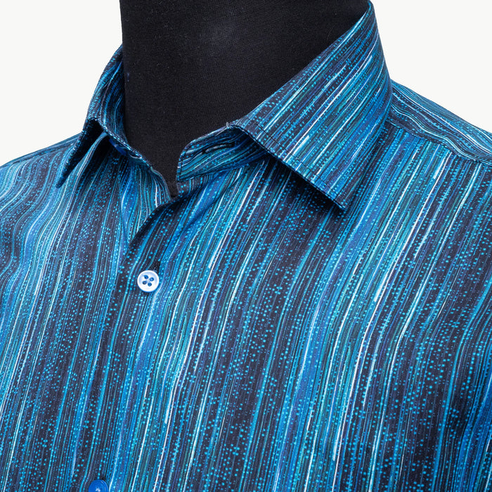 Blue Geometric Satin Slim-Fit Fashion Shirt