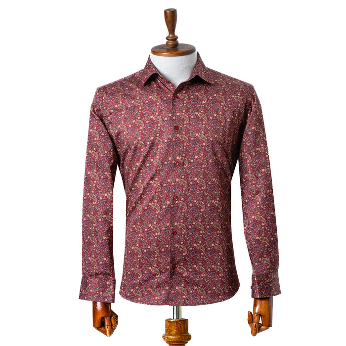 Burgundy Paisley Satin Slim-Fit Fashion Shirt