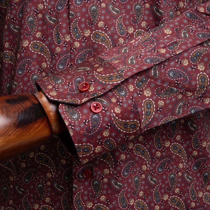 Burgundy Paisley Satin Slim-Fit Fashion Shirt