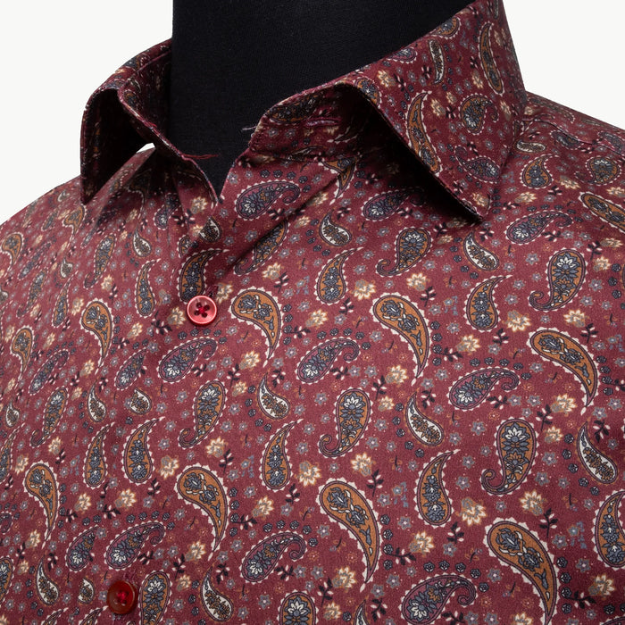 Burgundy Paisley Satin Slim-Fit Fashion Shirt