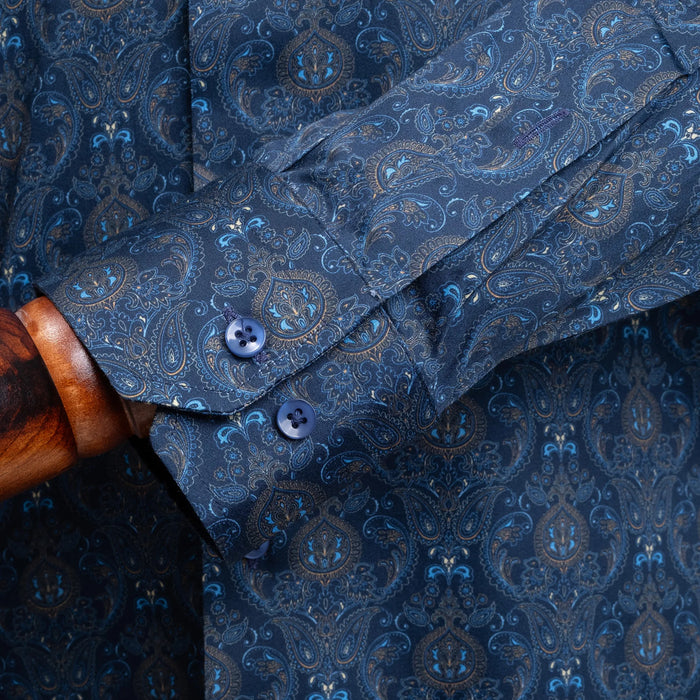 Blue and Gold Paisley Satin Slim-Fit Fashion Shirt