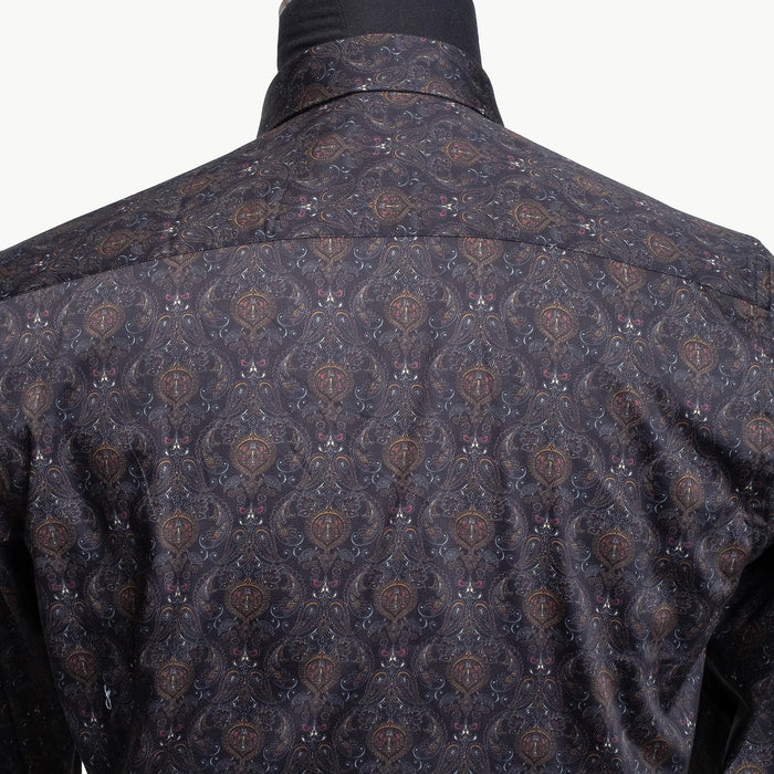 Black and Gold Paisley Satin Slim-Fit Fashion Shirt