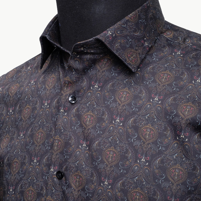 Black and Gold Paisley Satin Slim-Fit Fashion Shirt