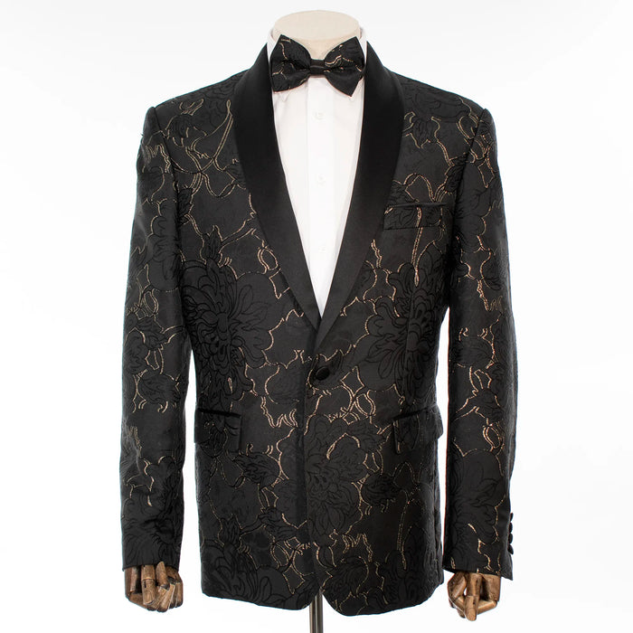 Black with Gold Metallic Floral Tailored-Fit Tuxedo Jacket