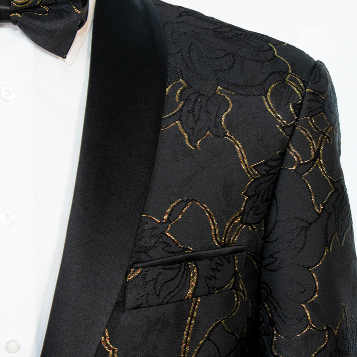 Black with Gold Metallic Floral Tailored-Fit Tuxedo Jacket