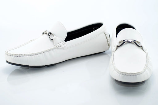 White Leather Driving Loafer with Fashion-Bit